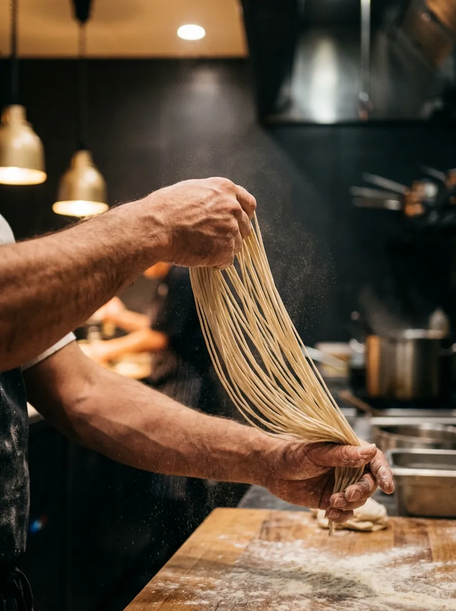 Chef hand-pulling fresh noodles